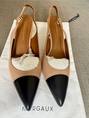 Margaux Collette kitten heel slingbacks in Dune and Black Nappa — brand new